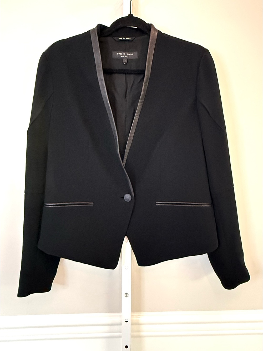 Rag & Bone Black Leather Trim Blazer Jacket Single Button Tailored Size 8